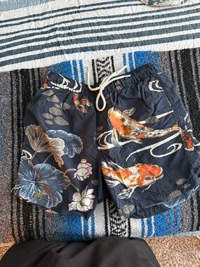 Urban Outfitters Navy Koi & Floral Swim Trunks